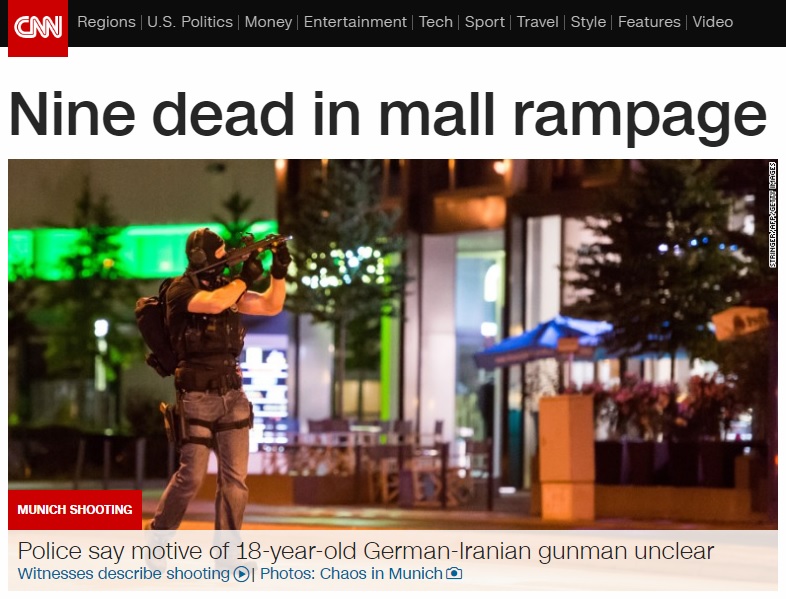 독일 뮌헨에서 발생한 총격 테러를 보도하는 CNN 뉴스 갈무리.