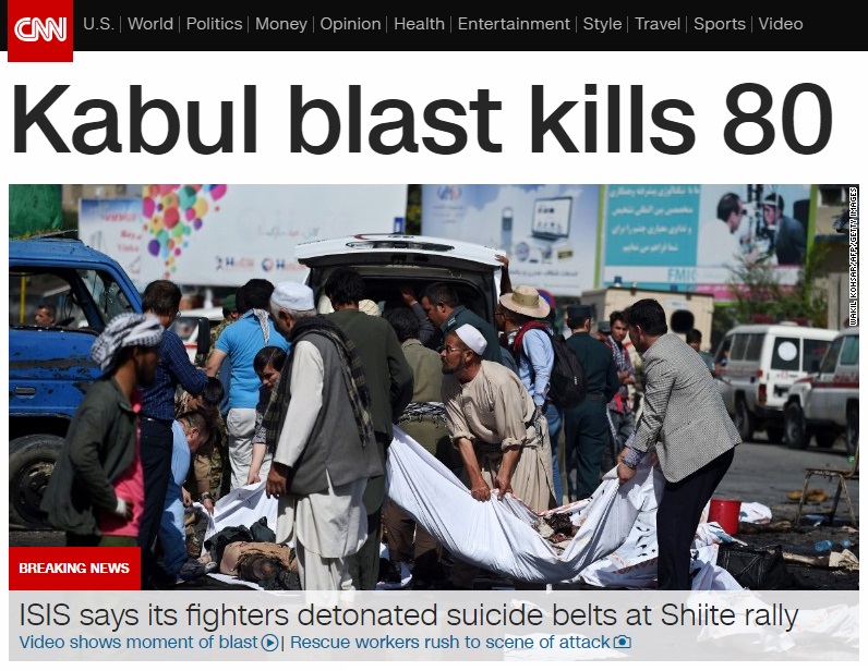 아프가니스탄 카불에서 발생한 폭탄 테러를 보도하는 CNN 뉴스 갈무리.