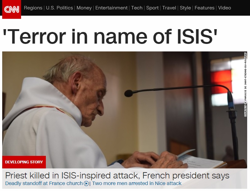 프랑스 성당에서 발생한 이슬람국가(IS) 인질 테러와 아멜 신부 살해를 보도하는 CNN 뉴스 갈무리.