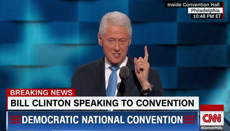 빌 클린턴 전 미국 대통령의 민주당 전당대회 연설 CNN 생중계 갈무리.