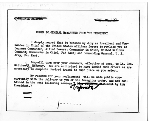 (트루먼) 대통령이 맥아더 장군에게 보내는 해임명령 서한 
