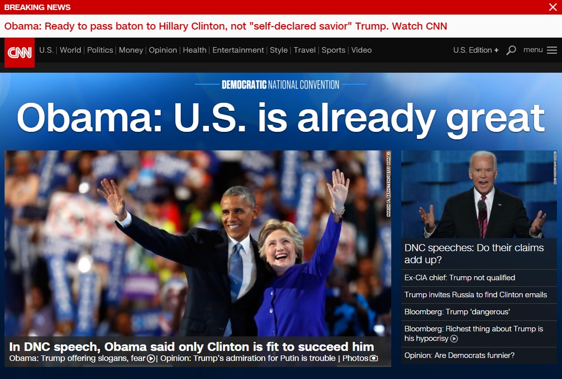 버락 오바마 미국 대통령의 힐러리 클린턴 지지 연설을 보도하는 CNN 뉴스 갈무리.