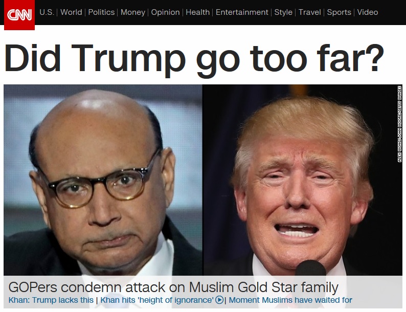 도널드 트럼프와 무슬림 키즈르 칸의 설전을 보도하는 CNN 뉴스 갈무리.