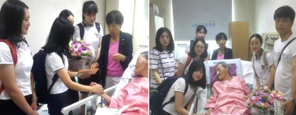창원 마산무학여자고등학교 자율동아리'리멤버' 회원들이 지난 7월 28일 마산의 한 요양병원에 입원해 있는 일본군위안부 피해자 김양주 할머니를 찾아, 배지 판매로 모은 기금을 집수리 비용으로 전달했다.