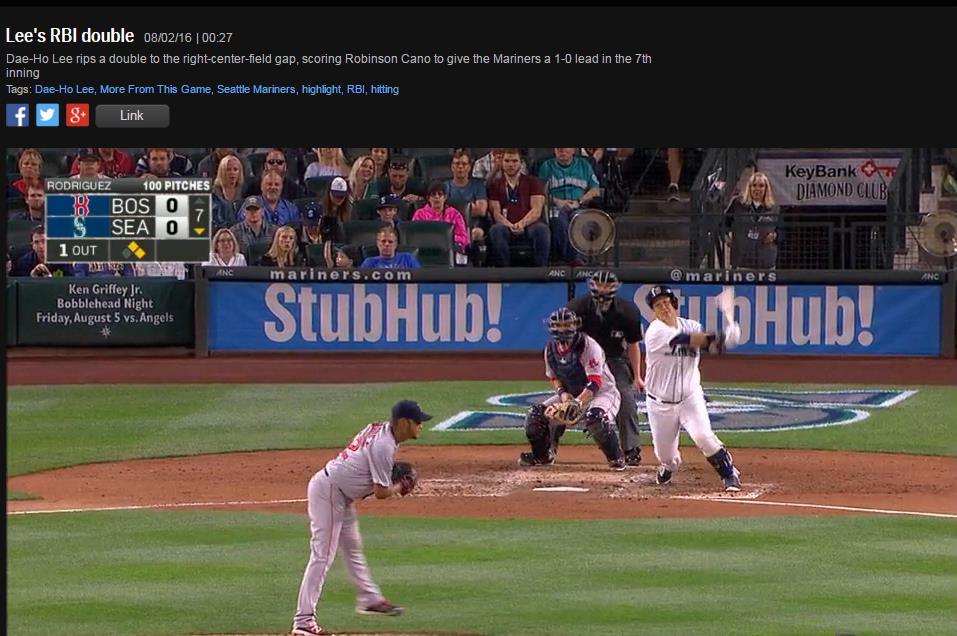  에두아르도 로드리게스를 상대로 적시 2루타를 쳐내는 이대호 (출처: MLB.com 화면 갈무리)