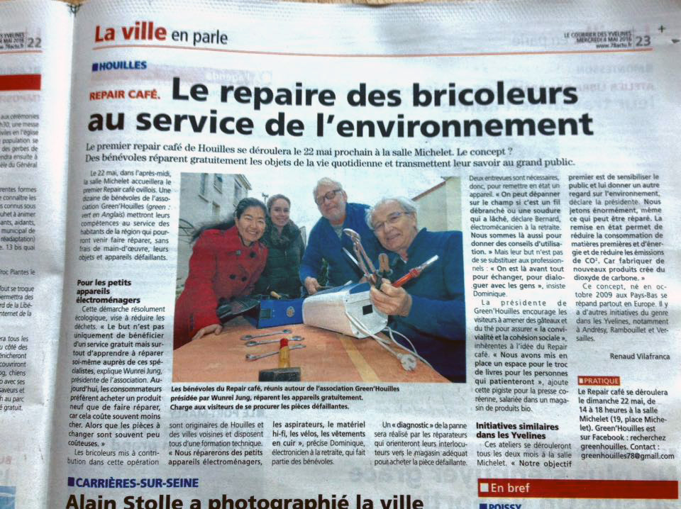 그린우이 협회와 리페어 카페가 소개된 지방 신문, 쿠리에르 데 지블린.