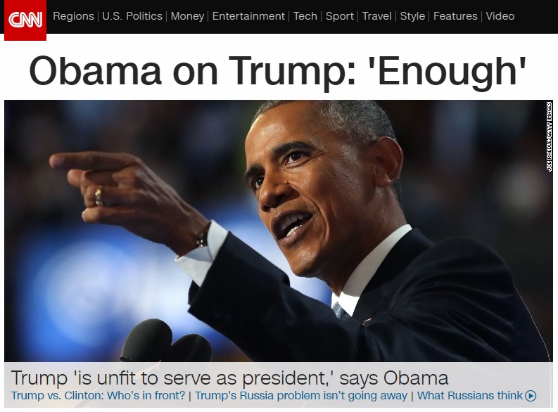 버락 오바마 미국 대통령의 도널드 트럼프 비판을 보도하는 CNN 뉴스 갈무리.
