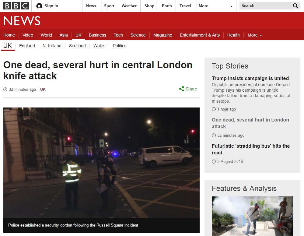 영국 런던에서 발생한 칼부림 사건을 보도하는 BBC 뉴스 갈무리.