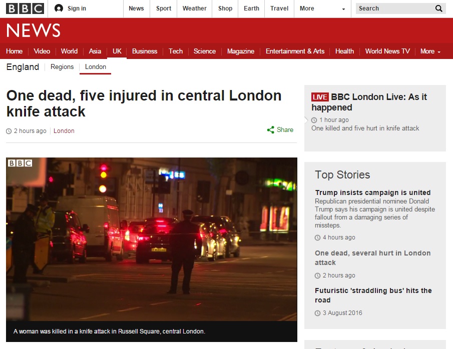 런던 도심에서 발생한 흉기 난동 사건을 보도하는 BBC 뉴스 갈무리.