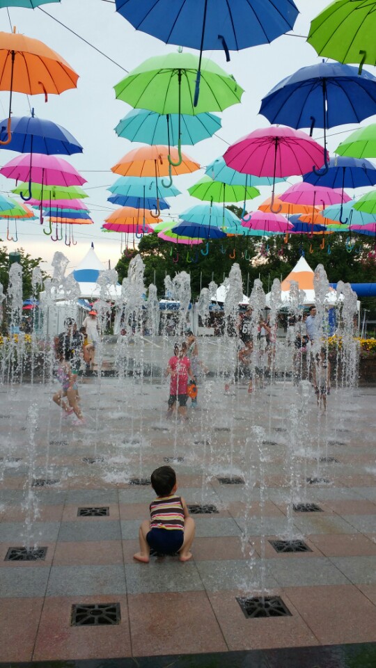 축제 현장에 마련된 물놀이 현장에서 어린 아이가 치솟는 분수에 그 속으로 뛰어들기를 주저하는 모습