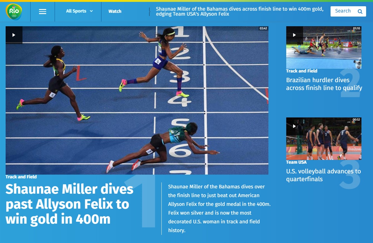  2016 리우 올림픽 육상 여자 400m에서 샤우네 밀러(바하마)의 결승선 통과 장면을 보도하는 NBC 뉴스 갈무리.
