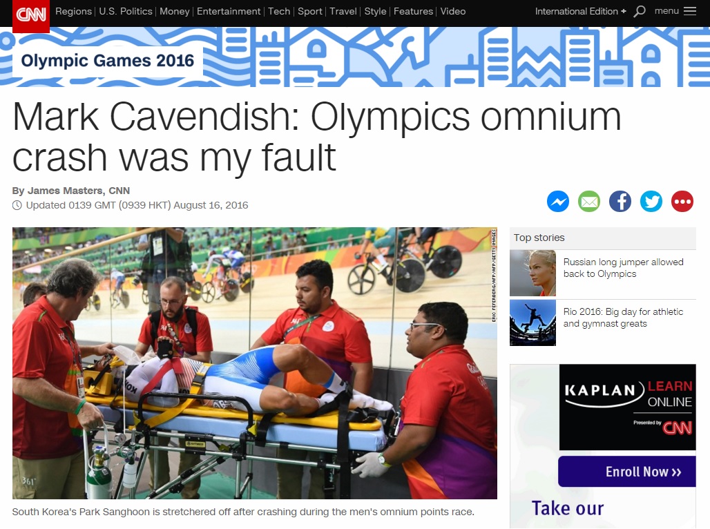  2016 리우 올림픽 남자 사이클에서 영국의 마크 캐번디시와 충돌해 넘어진 박상훈의 부상을 보도하는 CNN 뉴스 갈무리.
