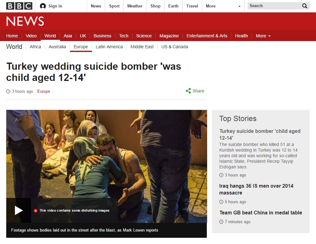 터키 결혼식 테러 사건을 보도하는 BBC 뉴스 갈무리.