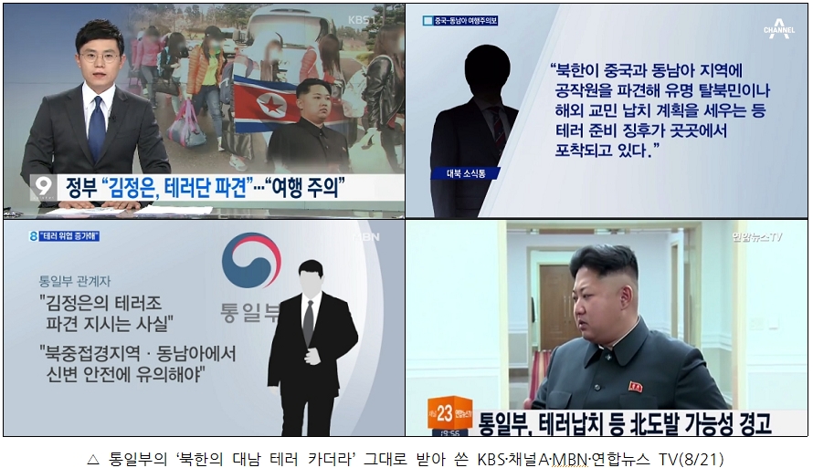 통일부의 '북한의 대남 테러 카더라' 그대로 받아쓴 KBS 채널A MBN 연합뉴스TV