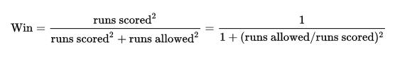  피타고리안 승률 공식. 정확성을 위해 지수 2보다 1.82나 1.83이 사용된다. (출처: 위키피디아)

