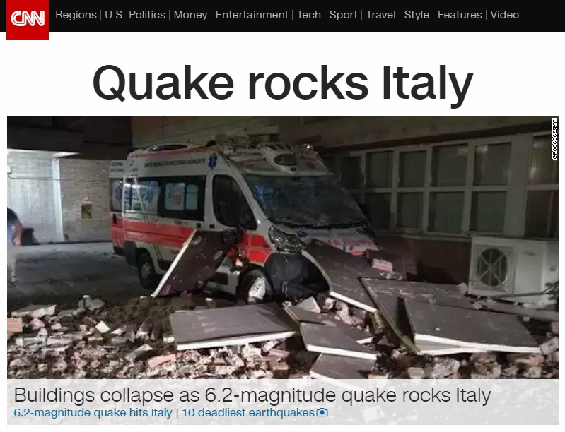 이탈리아 중부 페루자에서 발생한 강진 피해를 보도하는 CNN 뉴스 갈무리.