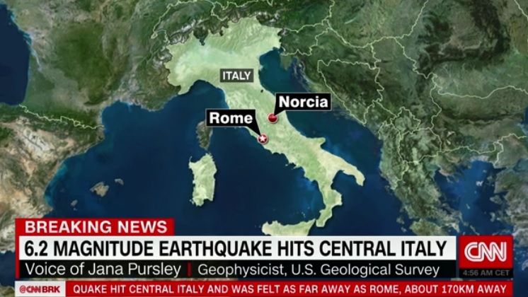 이탈리아 중부에서 발생한 지진을 보도하는 CNN 뉴스 갈무리.