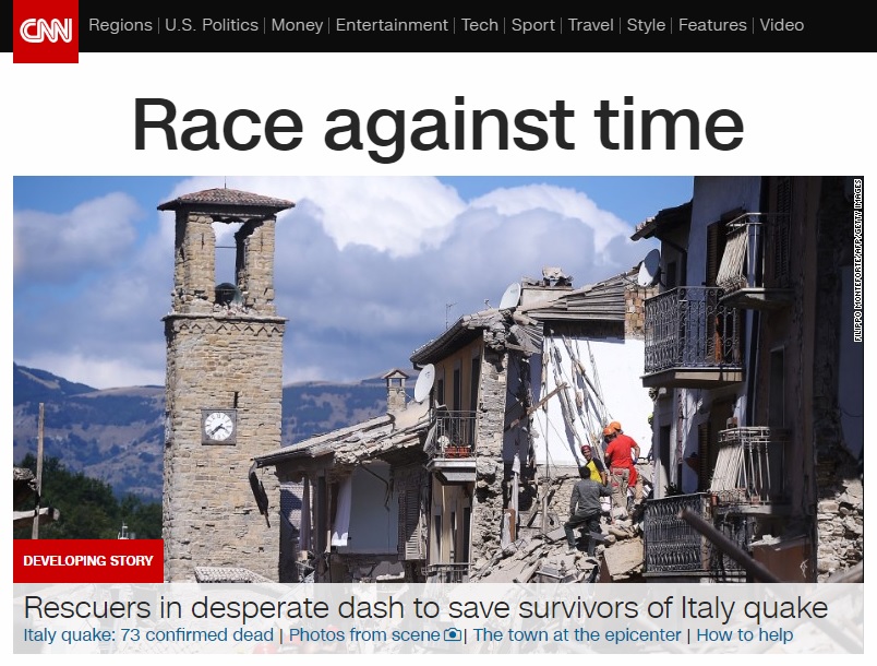 이탈리아 중부의 강진 피해 상황을 보도하는 CNN 뉴스 갈무리.