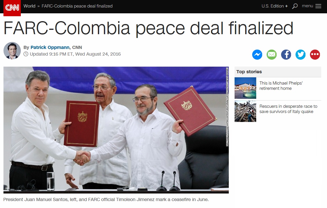 콜롬비아 내전 평화협정 타결을 보도하는 CNN 뉴스 갈무리.