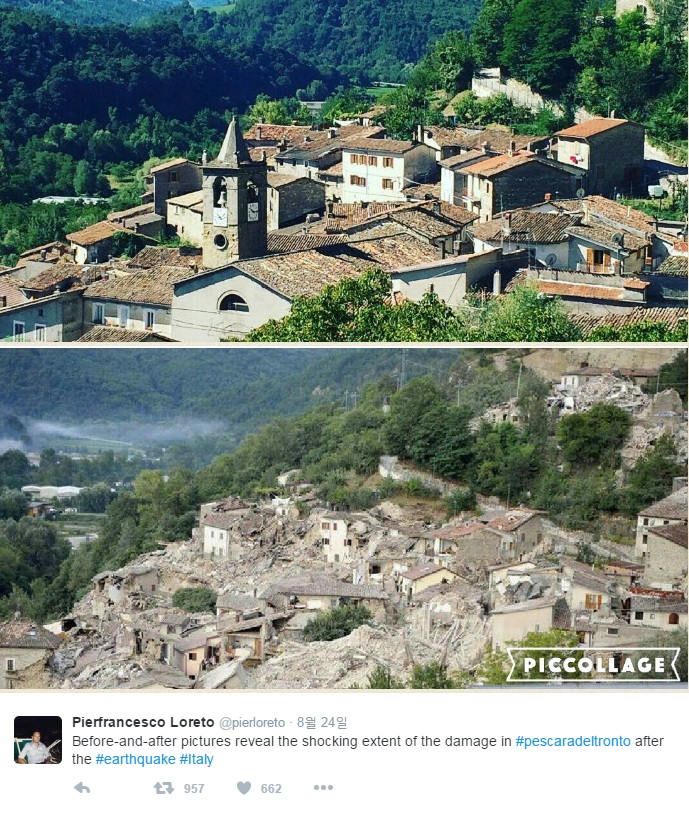 이탈리아 중부지역 강진 발생 전과 후를 비교하는 소셜미디어 사진 갈무리. 