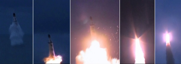 북한 조선중앙TV는 25일 낮 12시(평양시간) 보도에서 전날 실시한 잠수함발사탄도미사일(SLBM) 시험발사 장면을 공개했다. 북한 조선중앙TV는 25일 낮 12시(평양시간) 보도에서 전날 실시한 잠수함발사탄도미사일(SLBM) 시험발사 장면을 공개했다. 사진은 발사 장면 캡쳐.
