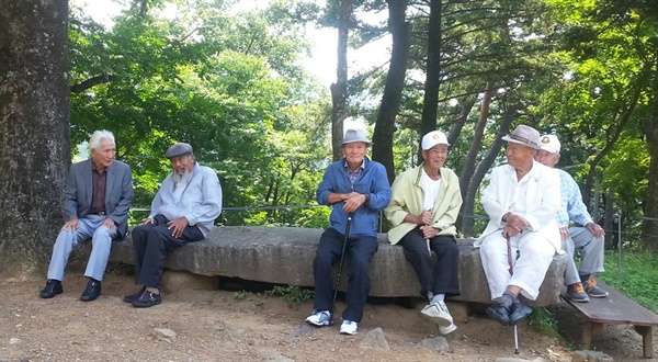 연구공간 '파랗게날'은 오는 27일 오후 함양 벽송사에서 "다시 만남-빨치산과 토벌대"라는 행사를 갖는다. 사진은 지난해 8월 만남 때 빨치산과 토벌대 출신 인사들이 나무 그늘 아래 앉아 있는 모습.