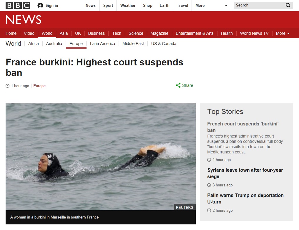 프랑스 최고법원의 부르키니 착용 금지 중단 결정을 보도하는 BBC 뉴스 갈무리.