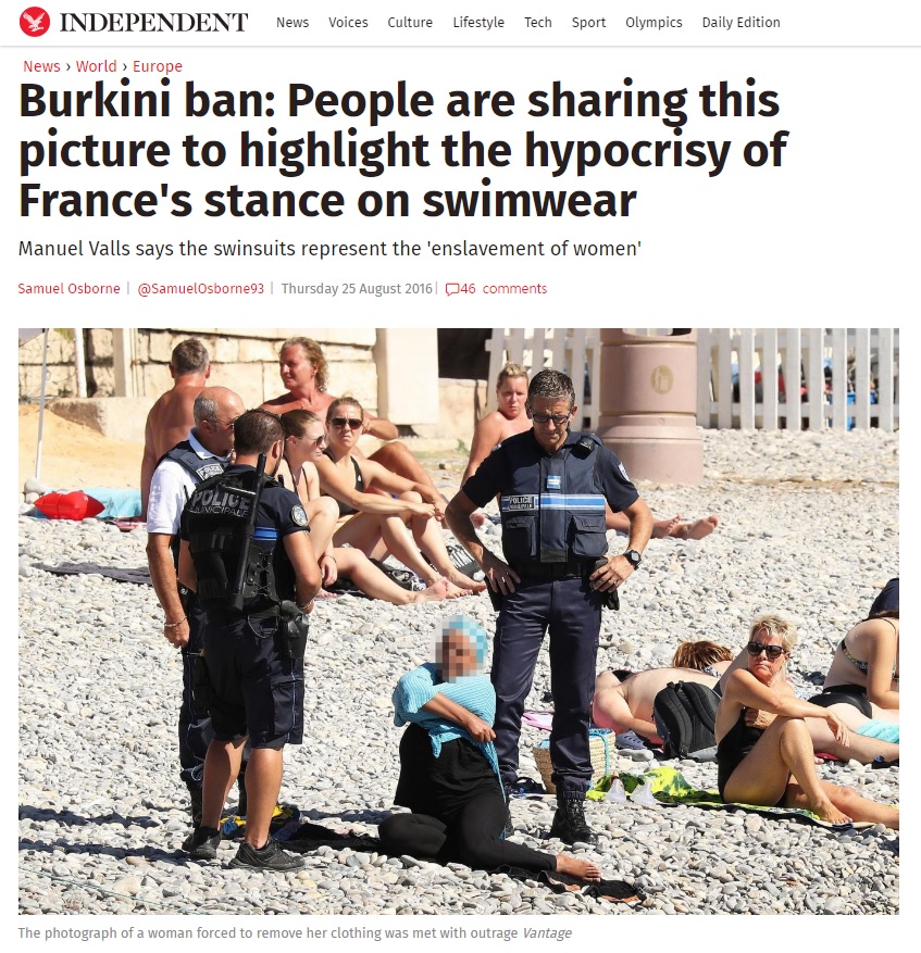 프랑스 니스 해변에서 경찰이 무슬림 여성에게 부르키니를 벗도록 지시하는 사진을 보도하는 <인디펜던트> 갈무리. 