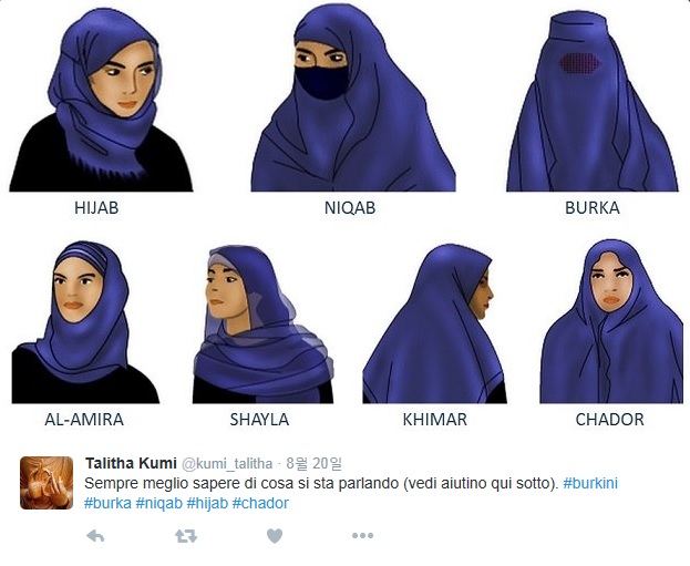 부르키니 논란에 대해 히잡, 니캅, 부르카, 차도르 등 무슬림 여성의 복장을 설명하는 소셜미디어 갈무리.