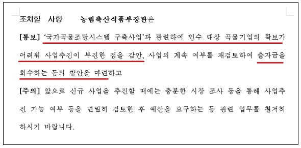 2014년 감사원은, 김재수 농림축산식품부 장관 후보자가 차관·aT사장 시절 추진한 '국가곡물 조달시스템 구축사업'의 문제점을 특정감사를 통해 지적했다. 