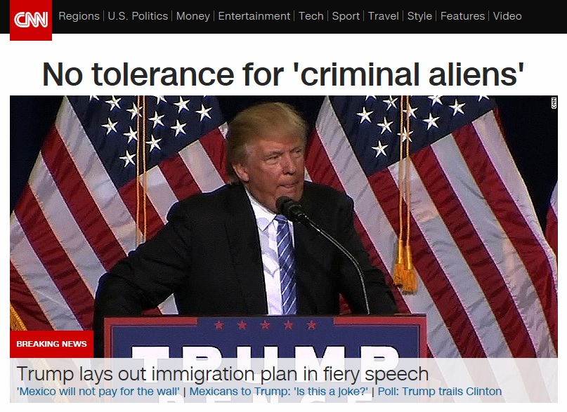 미국 공화당 대선후보 도널드 트럼프의 이민정책 연설을 보도하는 CNN 뉴스 갈무리.
