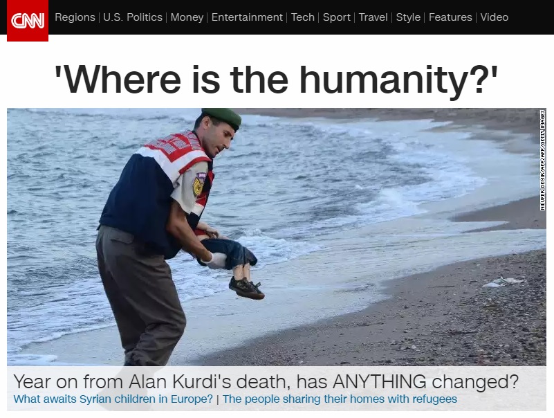 지난해 터키 해변에서 숨진 채 발견된 시리아 난민 소년 아일란 쿠르디의 사망 1주기를 맞아 난민 실태를 보도하는 CNN 뉴스 갈무리.