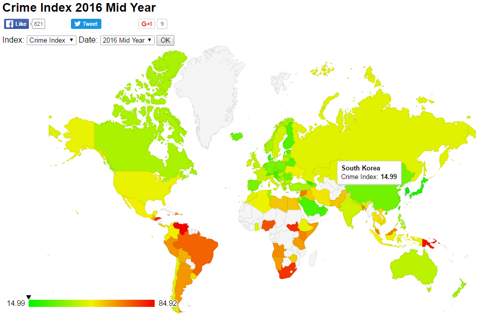해외 전문 사이트 넘비오(NUMBEO)의 조사 '2016년 세계 치안' 지도 화면 갈무리.