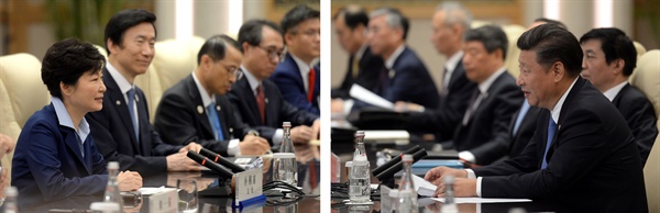 박근혜 대통령과 시진핑 중국 국가주석이 5일 오전(현지시간) 중국 항저우에서 열린 한-중 정상회담에서 양국 현안에 대해 논의하고 있다.