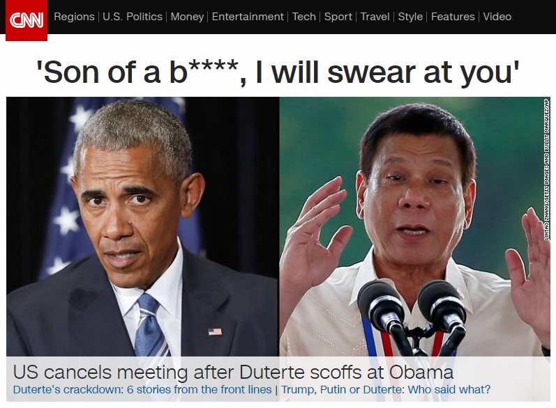버락 오바마 미국 대통령과 로드리고 두테르테 필리핀 대통령의 정상회담 취소를 보도하는 CNN 뉴스 갈무리.