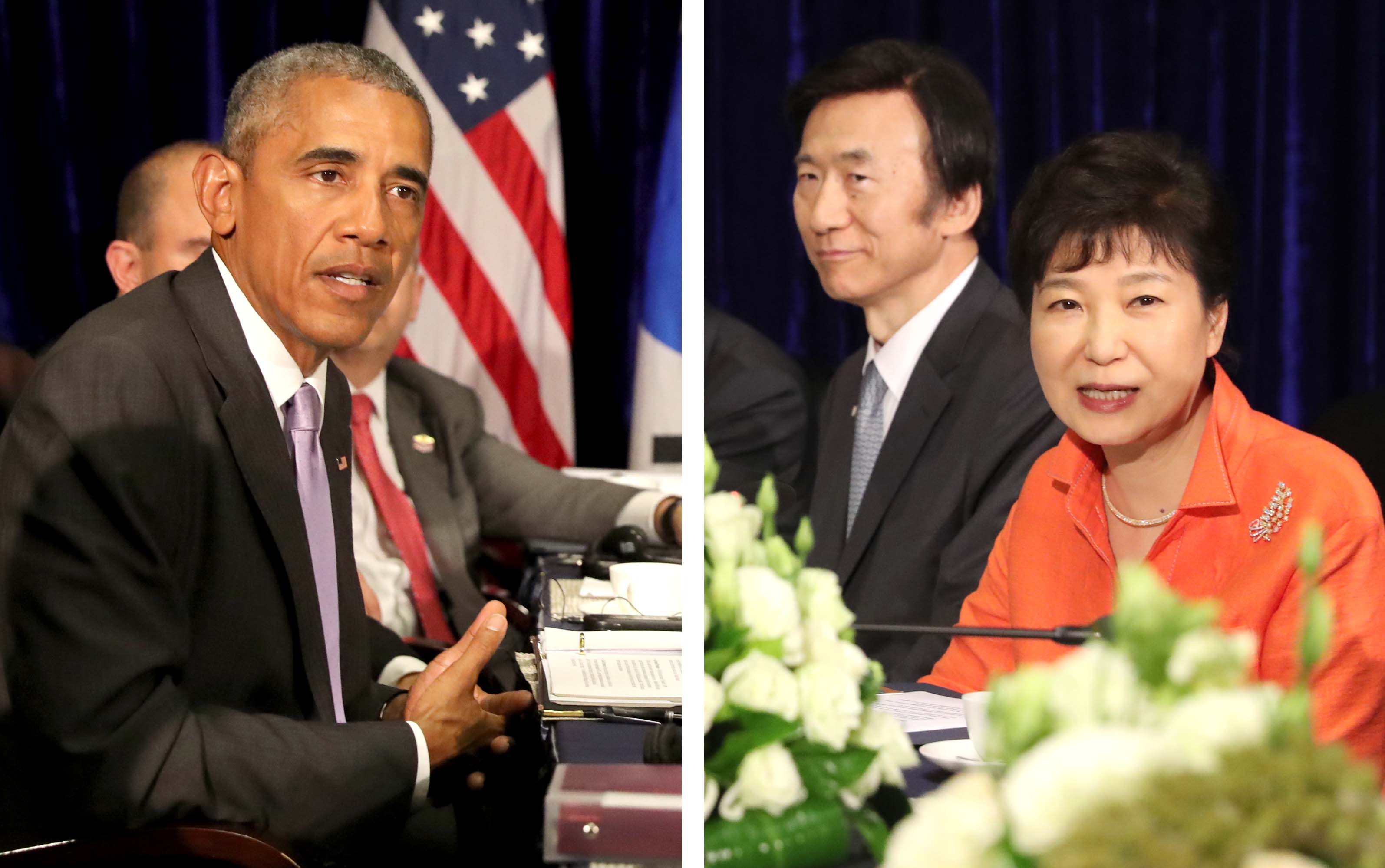 박근혜 대통령과 오바마 미국 대통령이 9월 6일 오후(현지시간) 아세안 정상회의 참석차 방문한 라오스 비엔티안에서 한·미 정상회담을 마친 뒤 공동발표를 하고 있다. 
