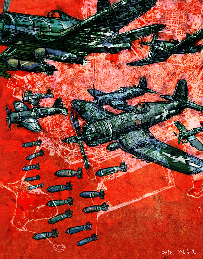 1950년 9월초 인천 월미도를 폭격하는 미군 항공기