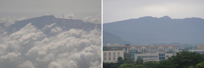             제주도 한라산 백록담입니다. 왼쪽 사진을 비행기에서 떠나올 때 찍은 것이고, 오른쪽은 제주도 서남쪽에서 본 모습입니다. 날씨에 따라서 한라산 백록담이 보이지 않는 때도 있습니다. 
