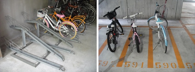           아파트에 마련된 자전거 보관하는 주륜장입니다. 고정 식은 한 달에 백 엔, 평면 식은 한 달에 오백 엔입니다. 모두 지정 번호가 있습니다.