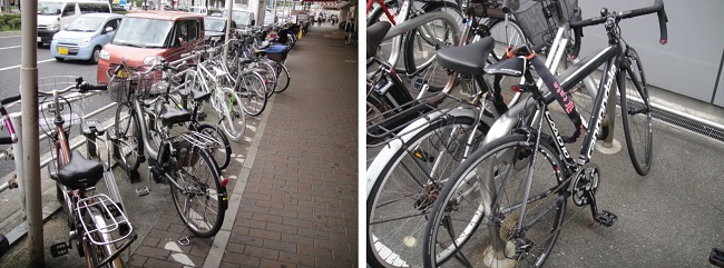          고베 산노미야 역 앞에 놓인 자전거 받침대입니다. 한 시간은 무료이고, 이후 한 시간에 백 엔입니다. 오른쪽 사진은 자전거와 주변 기둥에 자물쇠를 묶어놓은 모습니다. 이렇게 두 번 채워놓아야 안전하다고 합니다.