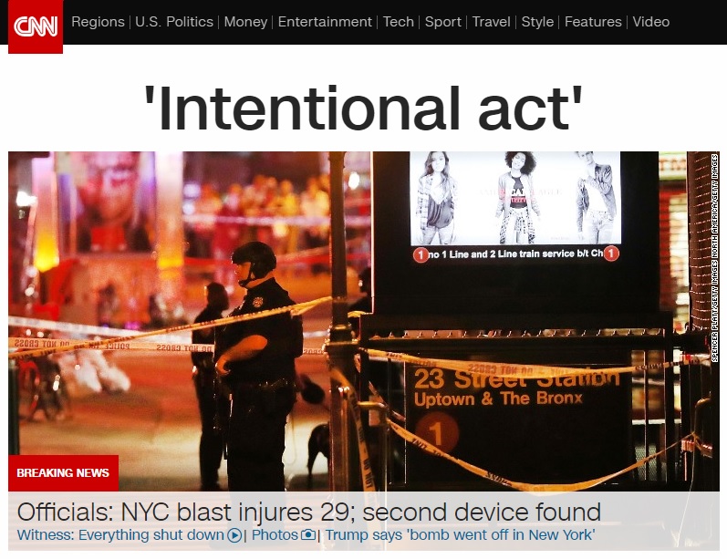 뉴욕 맨해튼 도심에서 발생한 폭발 사고를 보도하는 CNN 뉴스 갈무리.