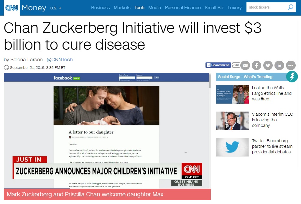 마크 저커버그 페이스북 최고경영자(CEO)의 질병 연구 기부를 보도하는 CNN 뉴스 갈무리.