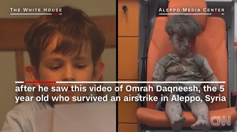 시리아 내전으로 다친 소년을 가족으로 삼고 싶다는 미국 소년의 편지를 소개하는 CNN 뉴스 갈무리.
