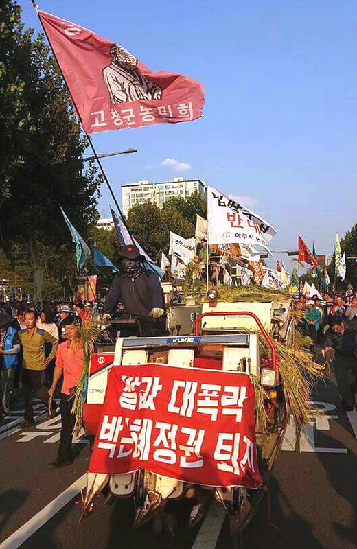 전국농민회총연맹 소속 지역 농민회에서 쌀값 폭락에 항의하며 종로에서 콤바인을 몰고 있다.