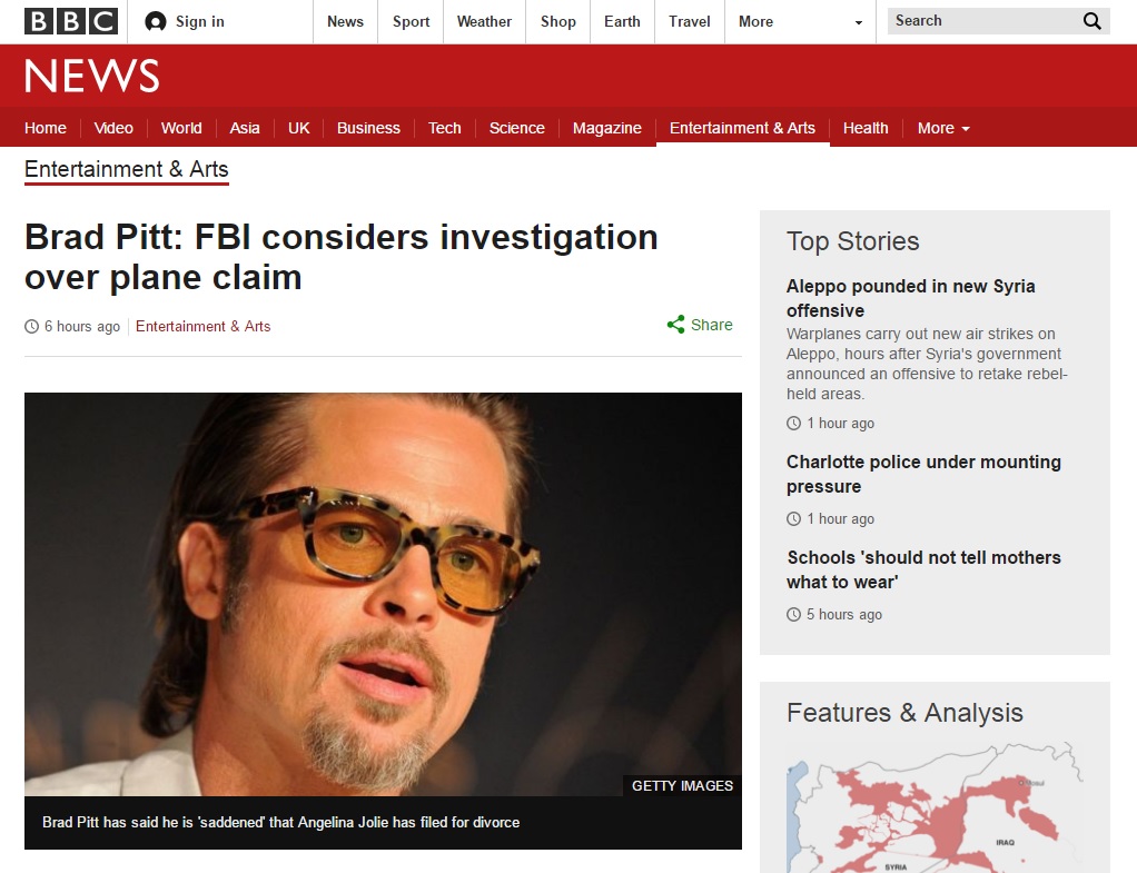  미국 연방수사국(FBI)의 브래드 피트 아동학대 혐의 조사를 보도하는 BBC 뉴스 갈무리.
