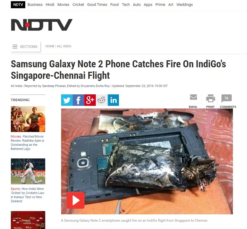 삼성전자 갤럭시노트2 스마트폰의 인도 여객기 기내 발화 사고를 보도하는 NDTV 뉴스 갈무리.