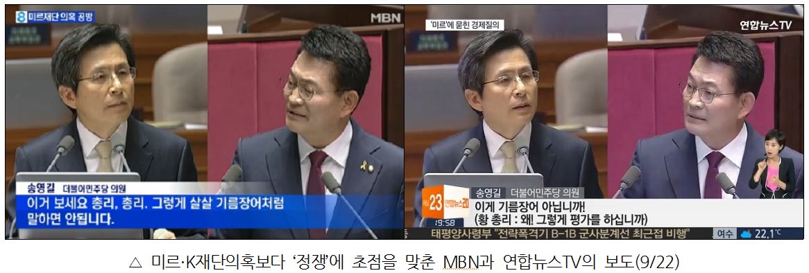 미르·K재단의혹보다 '정쟁'에 초점을 맞춘 MBN과 연합뉴스TV의 보도(9/22)