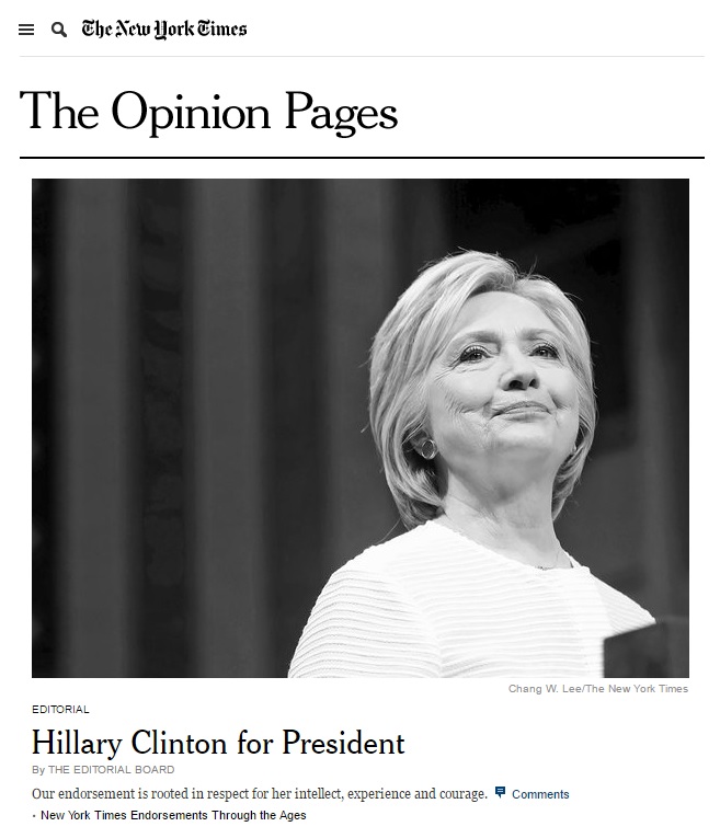 미국 차기 대통령으로 힐러리 클린턴을 지지하는 <뉴욕타임스> 사설 갈무리.