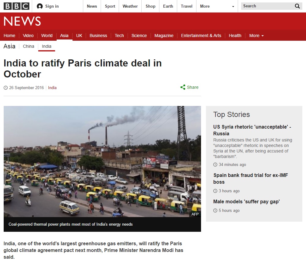인도의 파리 기후변화협정 공식 비준 발표를 보도하는 BBC 뉴스 갈무리.
