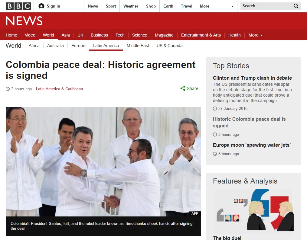 콜롬비아 평화협정 서명을 보도하는 BBC 뉴스 갈무리.